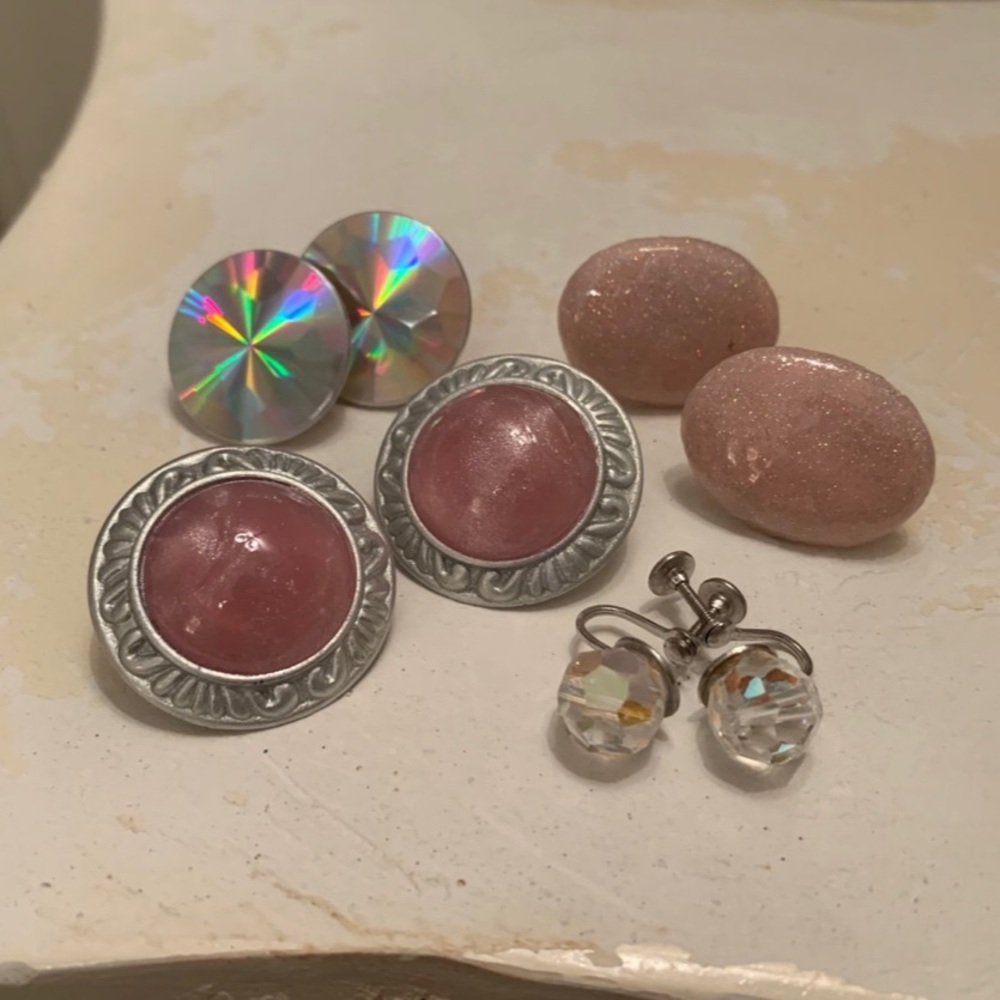 Vintage Estate Pink Silver Glitter Holographic Crystal pierced clip-on earrings